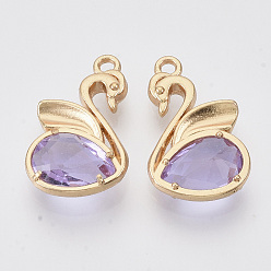Light Gold Eco-Friendly Alloy Pendants, with Faceted Glass, Nickel Free, Swan, Lilac, Light Gold, 20x12.5x4mm, Hole: 1.5mm