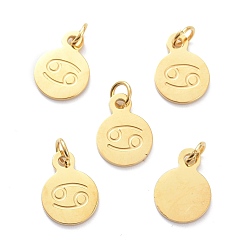 Cancer Golden Plated 304 Stainless Steel Charms, Flat Round with Constellations Pattern, Cancer, 13.5x10x1mm, Jump Ring: 5x1mm, Hole: 3mm