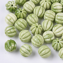YellowGreen Synthetic Coral Corrugated Melon Beads, Dyed, Two Tone, Corrugated Round, Yellow Green, 10~11x11.5mm, Hole: 1.5mm