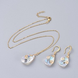Clair Kits de bijoux, pendentifs et boucles d'oreilles dangle, avec pendentifs en verre, Crochets d'oreille en laiton, chaîne de câble en laiton et fermoirs mousqueton, larme, clair, 16.5 pouce (42.1 cm), 1.2mm, 39mm, pin: 0.7 mm