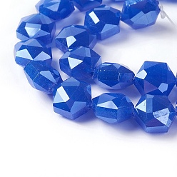 Королевский синий Стеклянные нити из бисера, гальваническое покрытие, граненый шестиугольник, королевский синий, 10x7~7.5 мм, отверстие : 1 мм, около 25 шт / нитка, 10.5 дюйм (27 см)