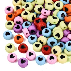 Mixed Color Opaque Acrylic Beads, Flat Round & Heart, Mixed Color, 7x3.5~4mm, Hole: 1.5mm, about 3570pcs/500g