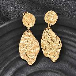 Настоящее золото 18K 304 серьги-гвоздики из нержавеющей стали с текстурированными листьями и чеканкой, ионное покрытие (ip), реальный 18 k позолоченный, 47x18.5 мм