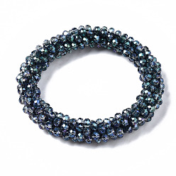 Dark Cyan Faceted Transparent Glass Beads Stretch Bracelets, Rainbow Plated, Rondelle, Dark Slate Gray, Inner Diameter: 2 inch(5cm)