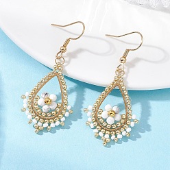 Говлит Серьги-капли из нержавеющей стали, со стеклянными бусинами и натуральным хаулитом и 304 крючками для сережек из нержавеющей стали, золотые, 52~53.5x23~23.5 мм