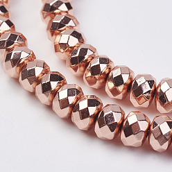 Гальванический Розовый Золотой Немагнитные синтетический гематит бисер пряди, граненые, рондель, покрытием из розового золота, 6x4 мм, отверстие : 0.5 мм, около 103 шт / нитка, 15.8 дюйм