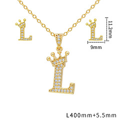 Letter L Наборы подвесок и сережек-гвоздиков из латуни с микропаве из прозрачных кубических цирконий., золотые, письмо с короной, Письмо L, 11.2x9 мм и 400 мм
