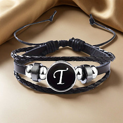 Letter T Регулируемые многослойные браслеты из искусственной кожи, браслеты из латунных стеклянных бусин, плоские круглые с буквы, платина, Письмо T, 7-1/8~9-1/8 дюйм (18~23 см)