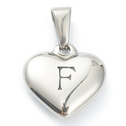 Letter F 304 Stainless Steel Pendants, Heart with Black Letter, Stainless Steel Color, Letter.F, 16x16x4.5mm, Hole: 7x3mm