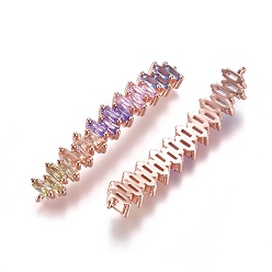 Розовое Золото Соединители из латуни с микропаве и кубическим цирконием, прямоугольные, красочный, розовое золото , 44x7x3.5 мм, отверстие : 0.8 мм