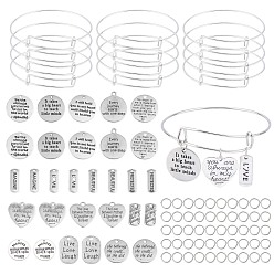 Antique Silver DIY Word Theme Bangle Making Kits, with Alloy Pendants, Adjustable Brass Bangle Makings, Antique Silver, 2-3/4 inch(70mm), 2mm, 12pcs/set