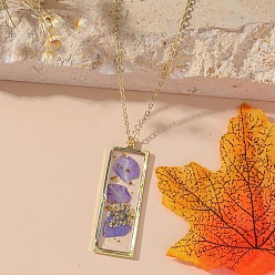 Средний Фиолетовый Прямоугольник с внутренним цветком из смолы подвеска железный трос цепочка ожерелье для женщин, золотые, средне фиолетовый, 17.72 дюйм (45 см)