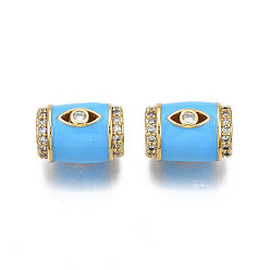 Темно-Голубой Латунь микропаве прозрачный кубический цирконий европейский бисер, с эмалью, бусины с большим отверстием, без никеля , реальный 18 k позолоченный, колонка с глазом, глубокое синее небо, 16x11.5 мм, отверстие : 6.5 мм