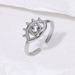 Stainless Steel Color 304 Stainless Steel Rhinestone Cuff Open Rings for Women, Evil Eye, Stainless Steel Color, Inner Diameter: 17.4mm