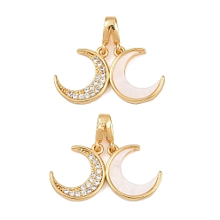 Золотой Подвески из латуни с микропаве из прозрачного кубического циркония и синтетической раковиной, амулеты «Двойная луна», золотые, 15x11x3 мм, отверстие : 4x2 мм