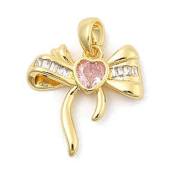 Pink Подвески из прозрачного кубического циркония с подвеской в виде банта из латуни, без кадмия, без никеля и без свинца, настоящие 18k позолоченные подвески, розовые, 19x19.5x4 мм, отверстие : 5x3 мм