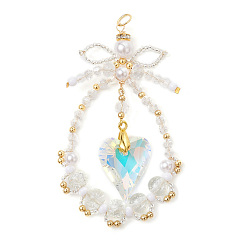 Золотой Стеклянные большие кулоны, капля с сердцем и бантом, с имитацией жемчуга из АБС-пластика и 304 бусинами из нержавеющей стали и латунными держателями для ледорубов, граненые, золотые, 80x50x11 мм, отверстие : 5.4 мм