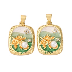 Настоящее золото 18K Латунные микро проложить кубического циркония подвески, лист, с эмалью и абс пластика имитация жемчуга, без кадмия и без свинца, стойки покрытие, долговечный, реальный 18 k позолоченный, 22.5x16x5.5 мм, отверстие : 3.5x4.5 мм