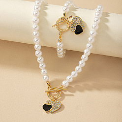 Белый Комплекты браслетов и ожерелий из сплава сердечек со стразами и эмалью, комплекты украшений из искусственного жемчуга, белые, Ожерелья: 420 mm