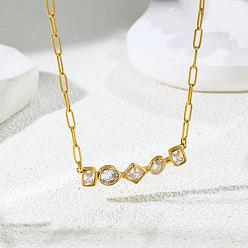 Golden 304 Stainless Steel Pave Clear Cubic Zirconia Geometric Pendant Necklaces for Women, Golden, 15.75 inch(40cm)
