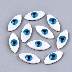 Dodger Blue Natural Freshwater Shell Beads, with Enamel, Horse Eye with Evil Eye, Dodger Blue, 18.5x8.5x4mm, Hole: 0.8mm