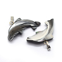 Platinum Shell Pendants, with Brass Findings, Dolphin, Dyed, Platinum, 15~17x27~29x3~5mm, Hole: 2x5mm