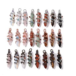 Mixed Stone Natural & Synthetic Gemstone Big Pointed Pendants, with Mixed Color Plated Rack Plating Brass Findings and Mixed Stone Chip Beads, Cadmium Free & Lead Free, Faceted, Hexagonal Prisms Charm, Mixed Dyed and Undyed, 64~68x16~17x16~17mm, Hole: 7.5mm