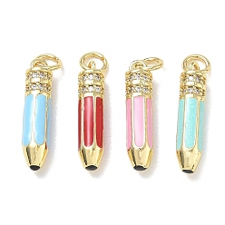Golden Brass with Crystal Rhinestone & Enamel Pendants, Pencil Charms, Mixed Color, Golden, 21x5mm, Hole: 3mm