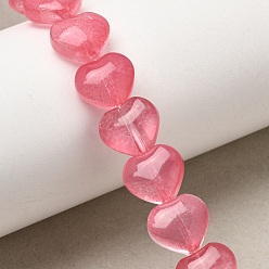 Light Coral Transparent Glass Beads Strand, Heart, Light Coral, 9.5~10x10x3.5~4.5mm, Hole: 0.8~1mm, about 35pcs/strand, 13.15~13.31 inch(33.4~33.8cm)