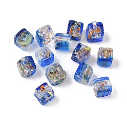 Синий Запеченные бусины ручной работы из золотистого песка с росписью, кубические, синие, 8~9x9x6~7 мм, отверстие : 1.8 мм