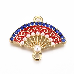 Красный Соединители звеньев сплава, с эмалью, пластик искусственный жемчуг и горный хрусталь, ручной вентилятор, золотые, сапфир, красные, 19x23x4 мм, отверстие : 1.5 мм