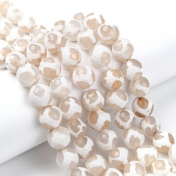 White Tibetan Style Turtle Back Pattern dZi Beads Strands, Natural Agate, Giraffe Skin Agate, Dyed, Faceted, Round, White, 10mm, Hole: 1mm, about 37pcs/strand, 13.7 inch
