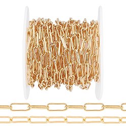 Real 18K Gold Plated Soldered Brass Paperclip Chains, Flat Oval, Drawn Elongated Cable Chains, Long-Lasting Plated, with Spool, Real 18K Gold Plated, 10x3.6x1.1mm, about 16.4 Feet(5m)/roll