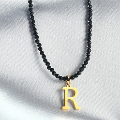 Letter R 304 подвеска из нержавеющей стали с инициалом, ожерелья из граненых круглых бусин черного стекла для женщин, золотые, Буква R, 15.35 дюйм (39 см)