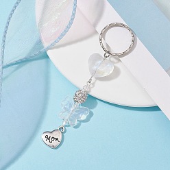 Platinum Alloy Heart with Word Mom Pendant Keychain, with Acrylic Butterfly and Iron Split Key Rings, Platinum, 10.4cm