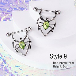 Spider 316l хирургическая нержавеющая сталь pave желто-зеленый кубический цирконий соска стремя, цвет нержавеющей стали, паук, Длина стержня: 20мм, штифты : 1.6 мм