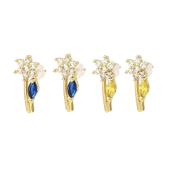 Mixed Color Flower Real 18K Gold Plated Brass Stud Earrings, with Clear Cubic Zirconia, Long-Lasting Plated, Lead Free & Cadmium Free, Mixed Color, 15x6.5mm