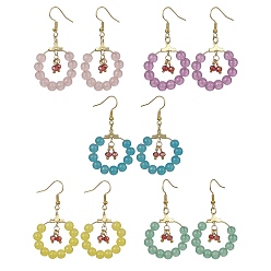 Mixed Color Imitation Jade Glass Beaded Ring Dangle Earrings, Golden Iron Wire Wrap Long Drop Earrings, Mixed Color, 53.5x30mm