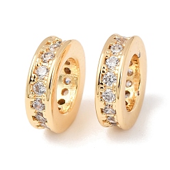 Настоящее золото 18K Латунь микропаве прозрачный кубический цирконий европейский бисер, бусины с большим отверстием, плоско-круглые, стойки покрытие, долговечный, реальный 18 k позолоченный, 8x2 мм, отверстие : 5 мм
