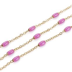 Фламинго Ионное покрытие (ip) 304 кабельные цепи из нержавеющей стали, с эмалевыми овальными бусинами, пайки, с катушкой, Плоско-овальные, золотые, фламинго, 5x2.5 мм, ссылка: 2x1.6x0.3 mm, около 32.8 футов (10 м) / рулон