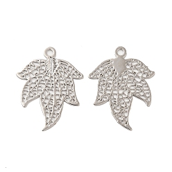 Platinum Long-Lasting Plated Brass Filigree Pendants, Leaf Charm, Platinum, 18.5x14x0.3mm, Hole: 1.2mm