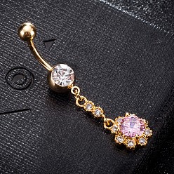Pink Umweltfreundlicher Nabelring aus Zirkonoxid aus Messing, Bauchringe, mit 304 Edelstahlleiste, echt 18 k vergoldet, Blume, rosa, 50x11 mm, Stange: 15 Spurweite(1.5mm), Stangenlänge: 3/8"(10mm)