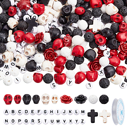 (52) Непрозрачная лаванда Браслеты из бусин-крестов с черепами и розами своими руками, включая синтетическую бирюзовую бусину, акриловых бусин и кристаллов темы, разноцветные, 10x8x10 мм, отверстие : 1 мм