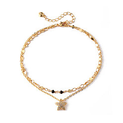 Морская звезда Двухслойные браслеты для щиколотки с микропаве из прозрачного кубического циркония из латуни для женщин, реальный 18 k позолоченный, морская звезда, 8-5/8 дюйм (220 мм)