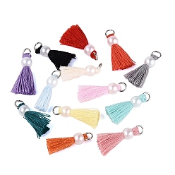Couleur Mélangete Décorations pendentif gland en polycoton (polyester coton), mini pompon, avec des apprêts en fer couleur platine et des imitations de perles en plastique ABS, couleur mixte, 23mm, anneau de saut: 5x0.8 mm, 3.4 mm de diamètre intérieur 