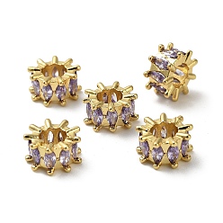 Фиолетовый Латунные микро проложить кубического циркония бусы, колонка, реальный 18 k позолоченный, фиолетовые, 9.5x5.5 мм, отверстие : 4 мм