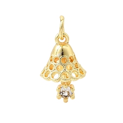 Золотой Рождественские подвески из латуни с микропаве из прозрачных кубических цирконий, колокол прелести, стойки покрытие, долговечный, без свинца и без кадмия, золотые, 18x12 мм, отверстие : 4 мм