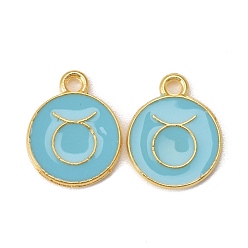 Телец Подвески из эмали и сплава, плоский круглый с созвездием / знак зодиака, золотые, голубой, Телец, 15x12x2 мм, отверстие : 1.5 мм