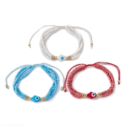 Mixed Color Glass Seed Beaded Multi-stannd Bracelets, Evil Eye Lampwork Braided Bead Bracelet, Mixed Color, Inner Diameter: 2-1/8~3-1/4 inch(5.3~8.2cm)