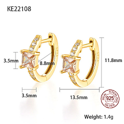 Персиковый Слойка Серьги-кольца из настоящего 18k позолоченного 925 стерлингового серебра, квадратные серьги с цирконием, с печатью s925, розовые, 11.8x13.5 мм